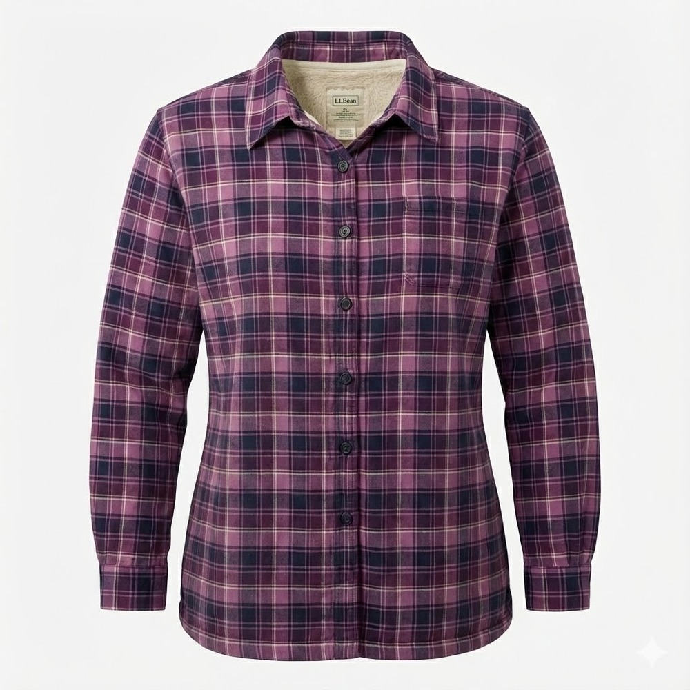 L.L. Bean Shirt Womens XL Purple Plaid Fleece Lined Flannel Sherpa Shacket